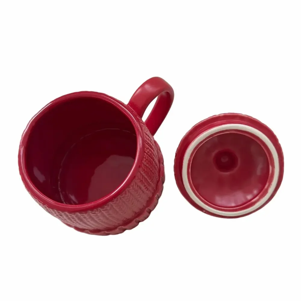 West Elm Red Stoneware Knit Ski Cap Hat Hot Chocolate Coffee Mug w/ Lid EUC